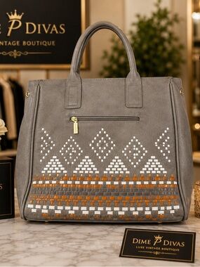 Pink Haley Gray Tote with White and Orange Embroidered Pattern